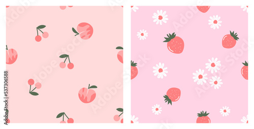 Seamless pattern with peach fruit, cherries, strawberries and daisy flower on pink backgrounds vector illustration. Cute fruit print.