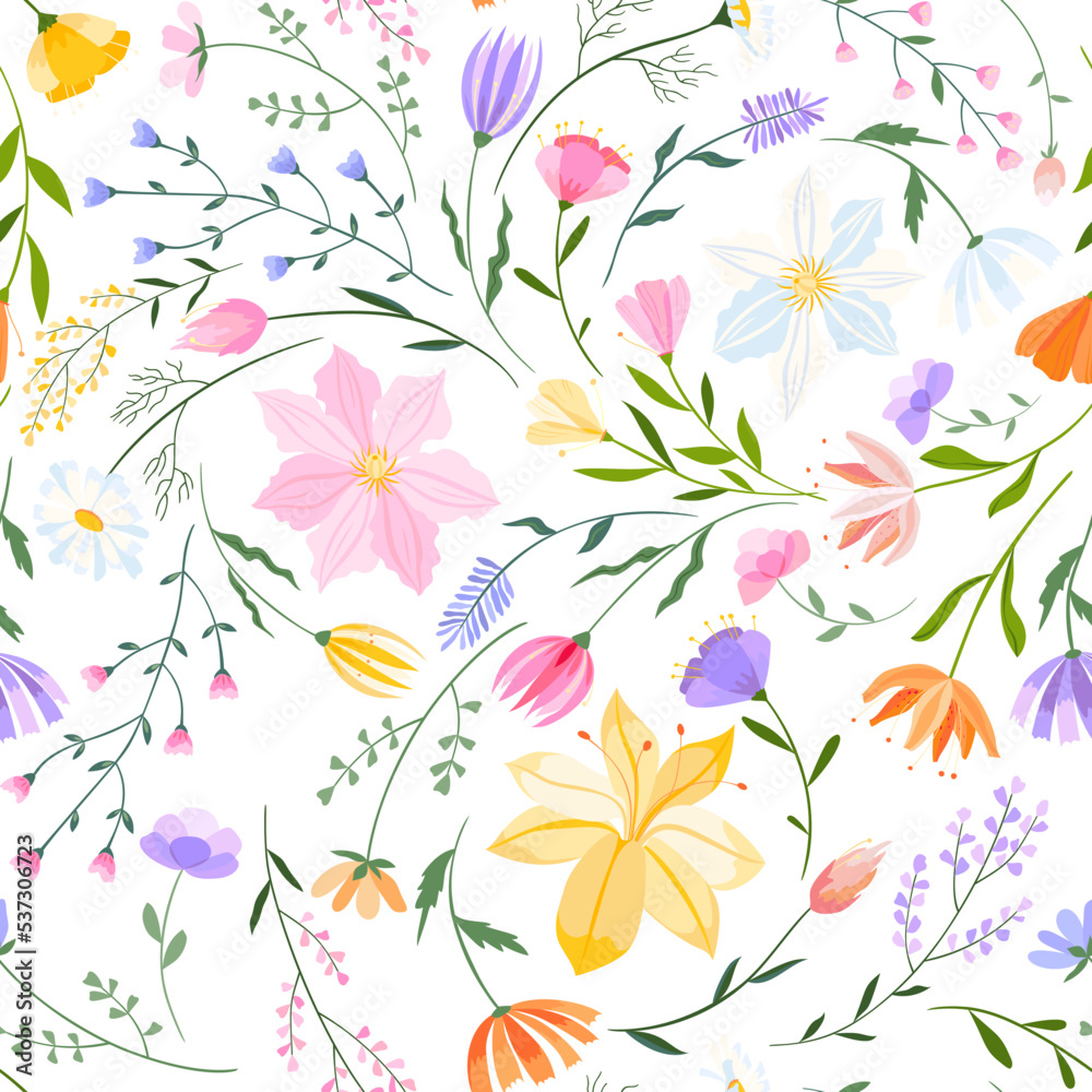 Fototapeta premium Vector floral seamless pattern. Set of leaves, wildflowers, twigs, floral arrangements. Beautiful compositions of field grass and bright spring flowers on white background.
