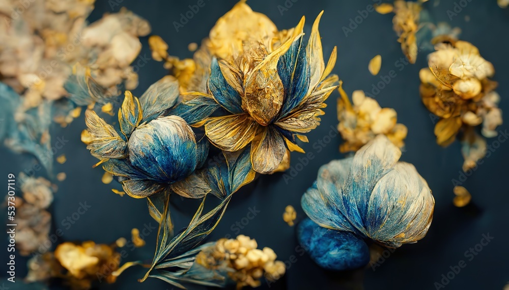 Elegant golden and blue flowers and branches on light background ...