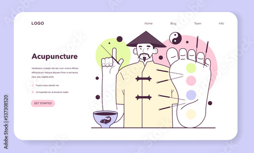 Acupuncture web banner or landing page. Needle therapy, asian