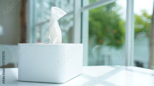 Tissue paper in napkin paper wooden white box on table. White sheet paper for cleaning face. Disposable cloth as hygienic.