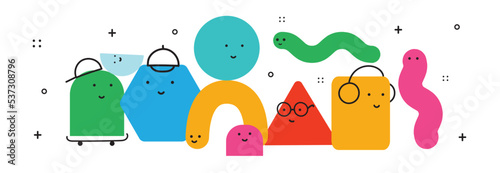 Vector illustration of geometric character shapes with face emotions, cute colorful shape for children education.