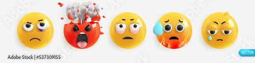 Emotion Realistic 3d Render. Set Icon Smile Emoji. Emotions face bruise under the eye, anger explosion of the head, tired, sweating hot, bump on the head. Vector yellow glossy emoticons. Pack 21