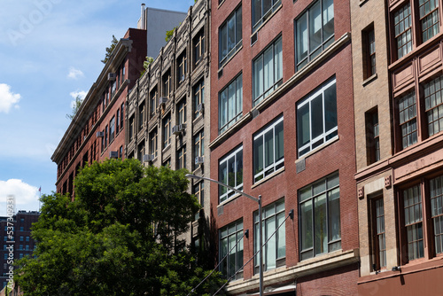 Row of Old Brick Buildings along a Street in Chelsea of New York City