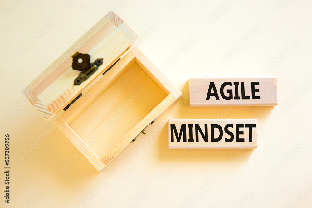 Agile mindset symbol. Concept words Agile mindset on wooden blocks. Beautiful white table white background. Empty wooden chest. Business flexible and agile mindset concept. Copy space. Agile mindset symbol. Concept words Agile mindset on wooden blocks. Beautiful white table white background. Empty wooden chest. Business flexible and agile mindset concept. Copy space.
