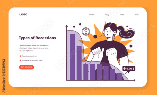 Recession types. Economic slow down or stagnation cause. Economical