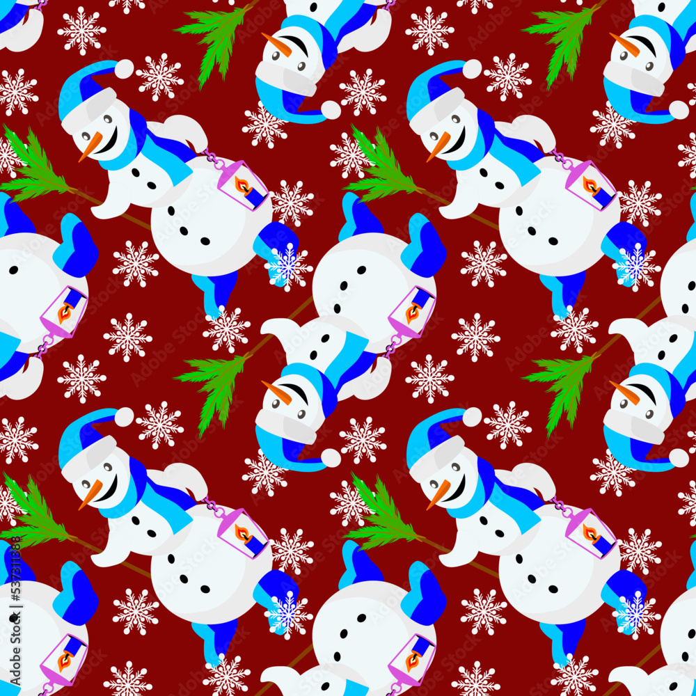 Vector - snowman with lantern seamless pattern.