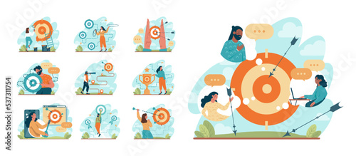 Target concept set. Ambitious characters aiming in target and shooting