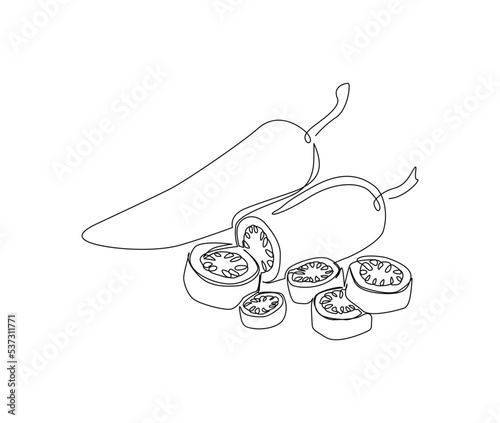 Continuous line art drawing of chili pepper. Hot spice chilli single line art drawing vector illustration.