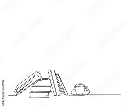 Continuous line art drawing of books and a cup of cofee. A cup of coffe over the books single line art drawing vector illustration.