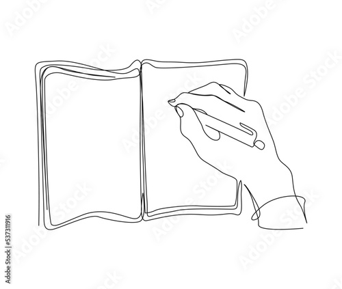 Continuous line art drawing of Hand writing on the book. Hand holding pen single line art drawing vector illustration.