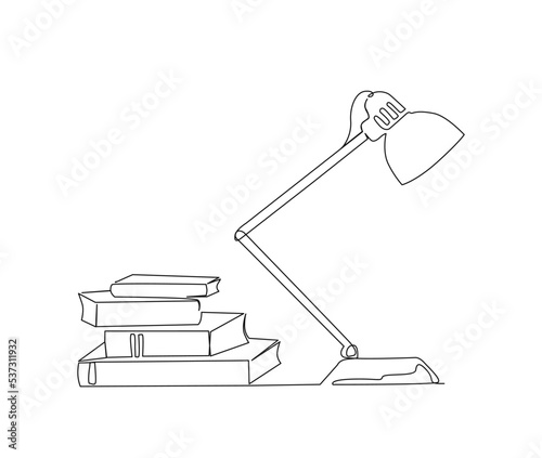 Continuous line art drawing of books and a table lamp. Books single line art drawing vector illustration.