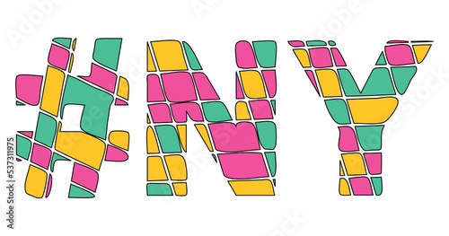 NY Hashtag. Tricolor isolated letters from contrast flowing fluid shapes. 3 colored Hashtag #NY is abbreviation for the US American state New York for social network, web resources, mobile app