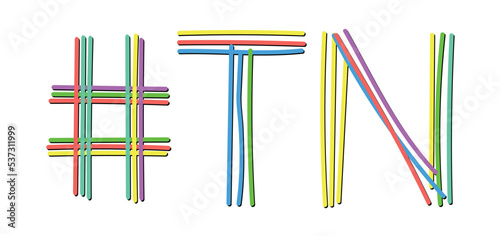 TN Hashtag. Isolate doodle lettering text from multi-colored curved neon lines like from a felt-tip pen, pensil. #TN is abbreviation for the US America state Tennessee for banner, social network, t-sh