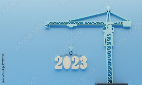 2023 3d number on a crane on a blue background, HAPPY 2023 NEW YEAR for a construction site, Vision for next YEAR background. 3d rendering illustration.
