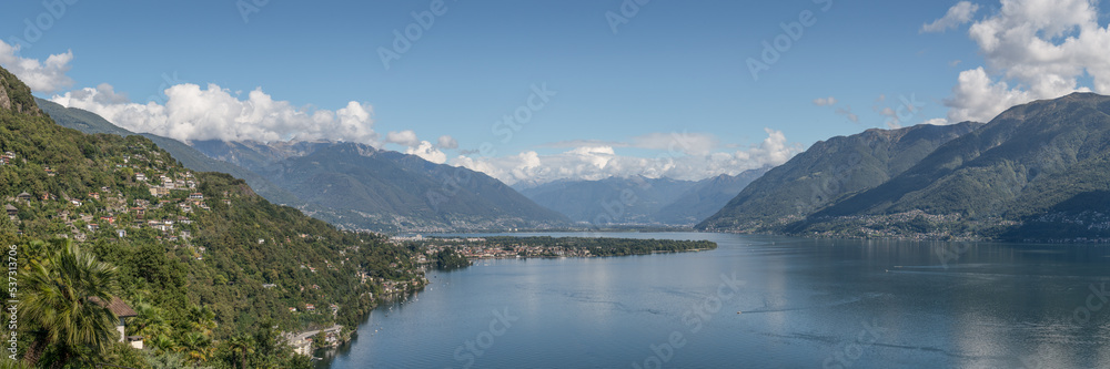 Lago Maggiore from Ronco, showing the Ascona promenade and Gamborogno opposite.