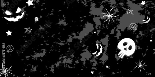 Vector. Background with hand drawn Halloween elements: cobweb, spider, skull, stars, anthropomorphic face, on a dirty wall. Halloween party invitation card mockup, copy space for text. Abandoned room.