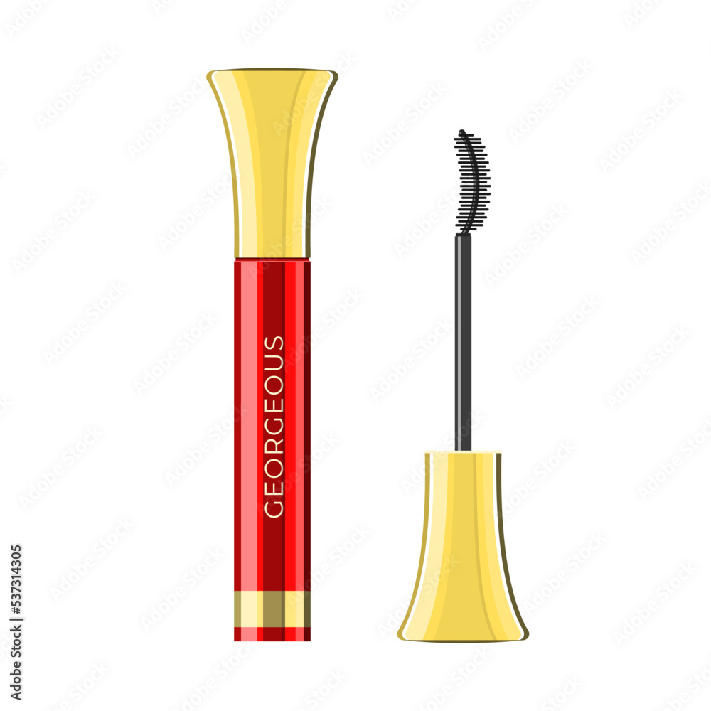 Mascara bottle icon. Cartoon illustration of a red and gold tube with a