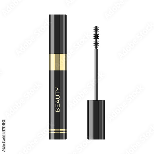 Mascara bottle icon. Cartoon illustration of a black and gold tube with a black wand isolated on a white background. Makeup for eyes. Vector 10 EPS.