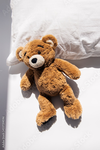 Soft toy bear lies on a pillow under natural light. Top view, flat lay