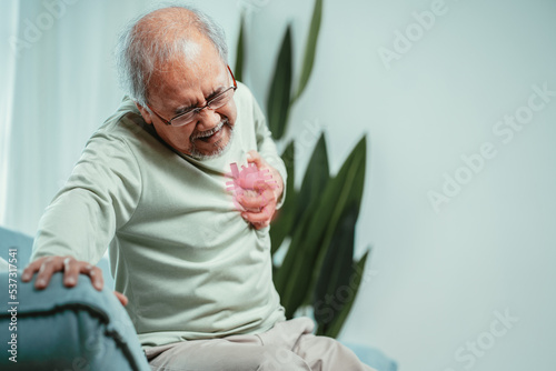 Senior male having chest pain his suffer form cardiac heart attack. Old elderly man patient has diffculty breath his chest sitting on sofa at home. Healthcare insurance retirement concept.. photo