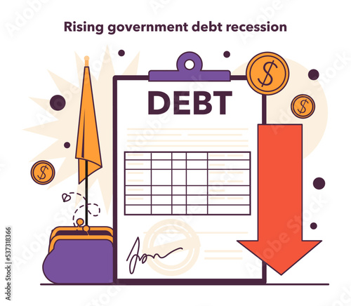 Rising government debt recession. Economic slow down or stagnation