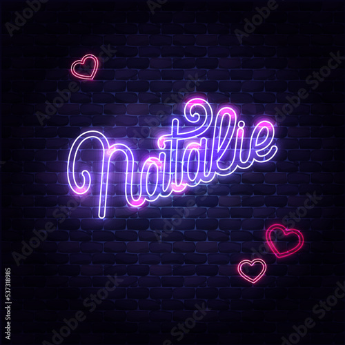Сute neon kawaii girly handwritten lettering name Natalie on brick wall. Vector illustration photo