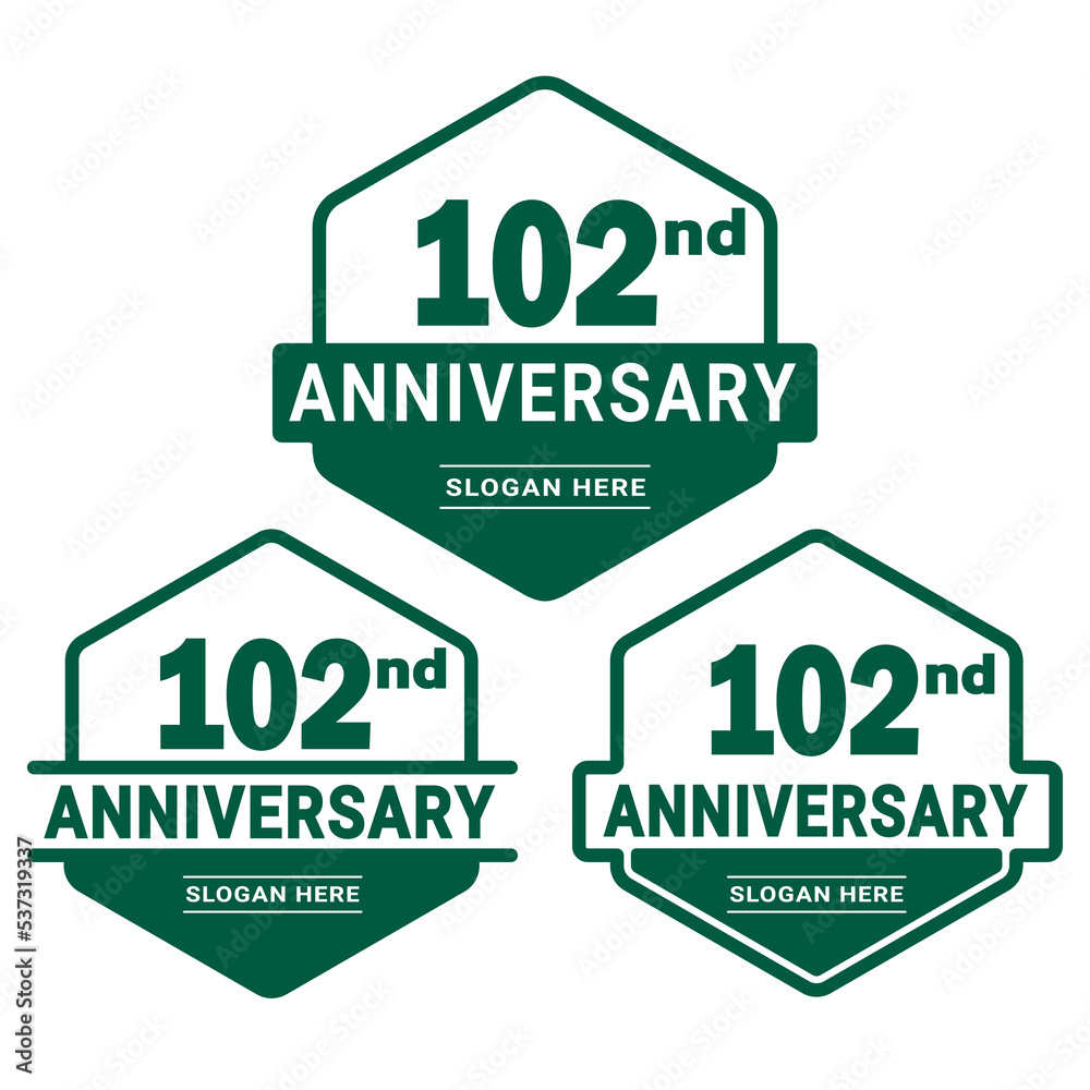 Set of 102 years Anniversary logotype design. 102nd birthday celebration logo collection. Set of anniversary design template. Vector illustration. 