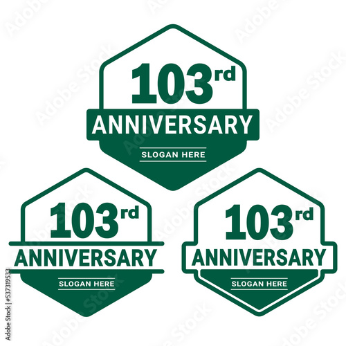 Set of 103 years Anniversary logotype design. 103rd birthday celebration logo collection. Set of anniversary design template. Vector illustration. 