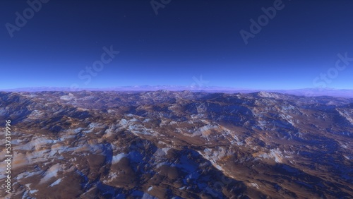 beautiful view from an exoplanet, a view from an alien planet, a computer-generated surface, a fantastic view of an unknown world, a fantasy world 3D render © ANDREI