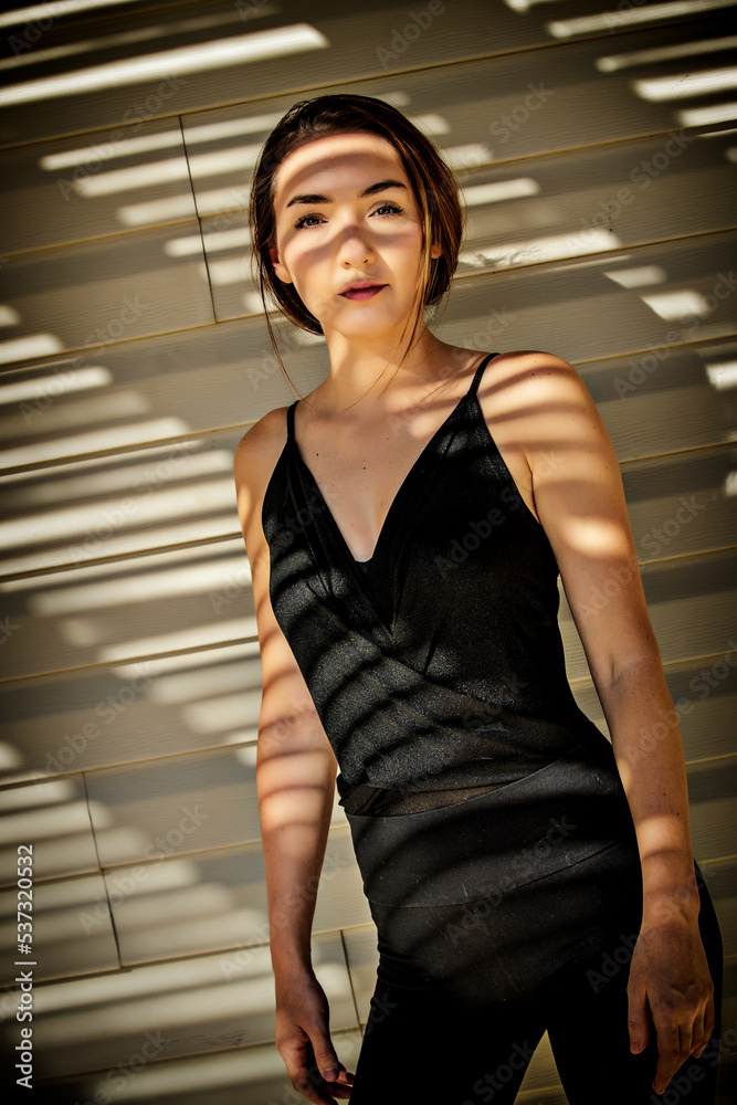 Pretty caucasian model slim and well built nice hair black body suit dress