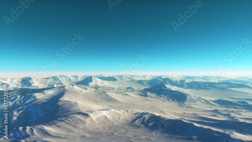 Mars like red planet, with arid landscape, rocky hills and mountains, for space exploration and science fiction backgrounds. 