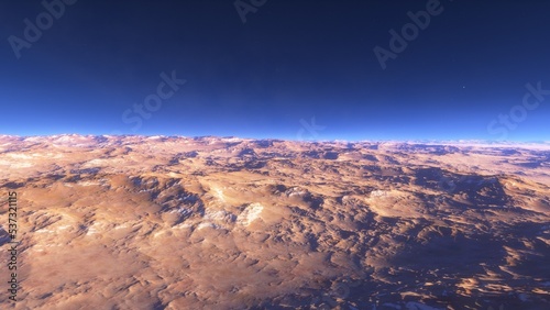 Mars like red planet, with arid landscape, rocky hills and mountains, for space exploration and science fiction backgrounds. 