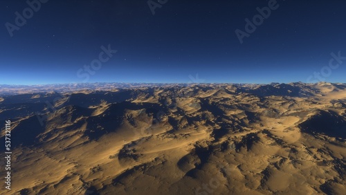 Mars like red planet, with arid landscape, rocky hills and mountains, for space exploration and science fiction backgrounds. 