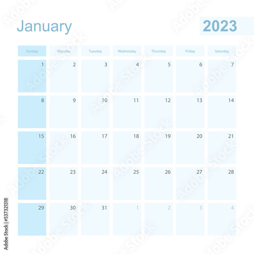 2023 January wall planner in blue color, week starts on Sunday.
