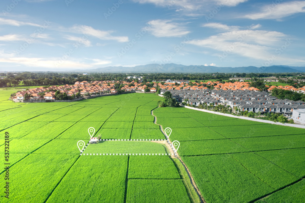 Land plot in aerial view. Gps registration survey of property, real estate for map with location, area. Concept for residential construction and development. Also home, house for sale, buy, purchase, 