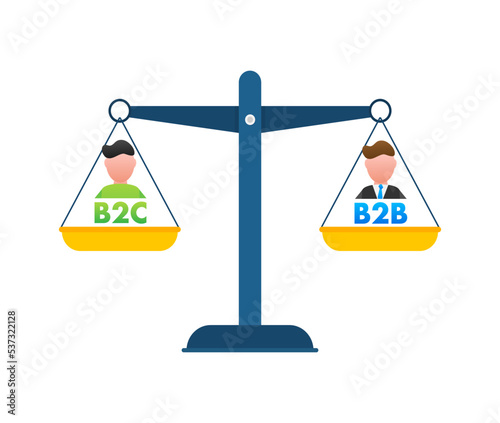 B2C vs B2B balance on the scale. Balance on scale. Business Concept. Vector stock illustration.