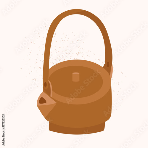 Brown teakettle vector sticker on white. Isolated hand drawn sticker of ceremony tea pot on white