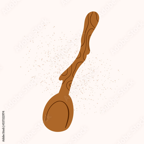 Isolated wooden spoon in doodle style. Vector cartoon sticker of cutlery