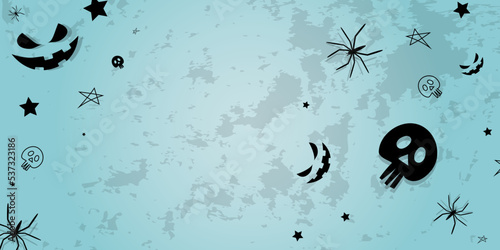 Vector. Background with hand drawn Halloween elements: cobweb, spider, skull, stars, anthropomorphic face, on a dirty wall. Halloween party invitation card mockup, copy space for text. Abandoned room.