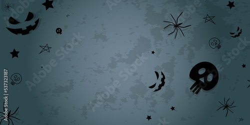 Vector. Background with hand drawn Halloween elements: cobweb, spider, skull, stars, anthropomorphic face, on a dirty wall. Halloween party invitation card mockup, copy space for text. Abandoned room.
