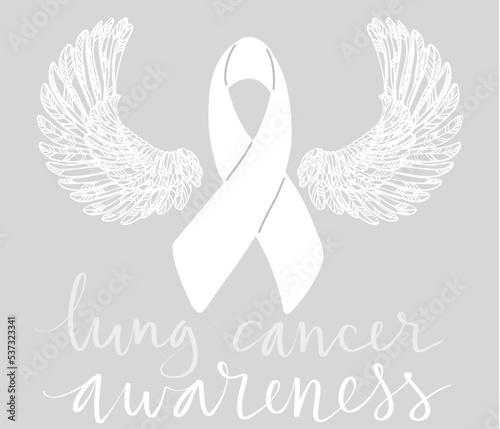 Lung cancer awareness month Novermber handwritten lettering. White support ribbon with angel wings. Web banner vector