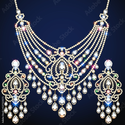 illustration set of necklace and earrings, wedding female diamond