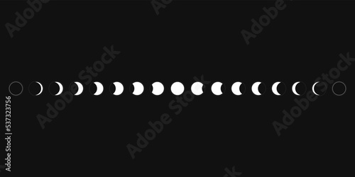 Moon phases sphere shadow cycle astronomy icon set. Vector Illustration black background
