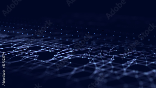 Dynamic wave of particles and lines. Abstract futuristic background. Big data visualization. 3D rendering.