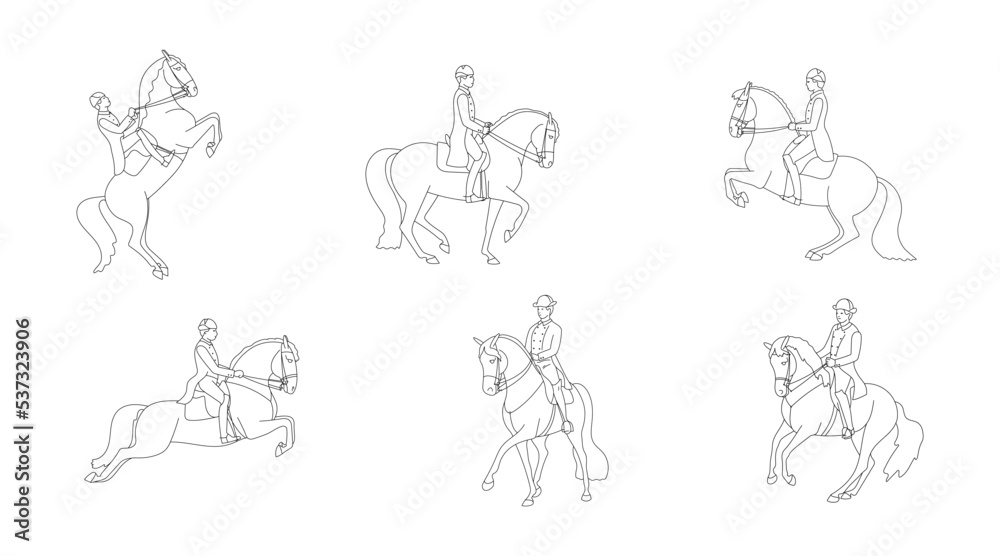 Fototapeta premium Set of riders and horses, classic dressage