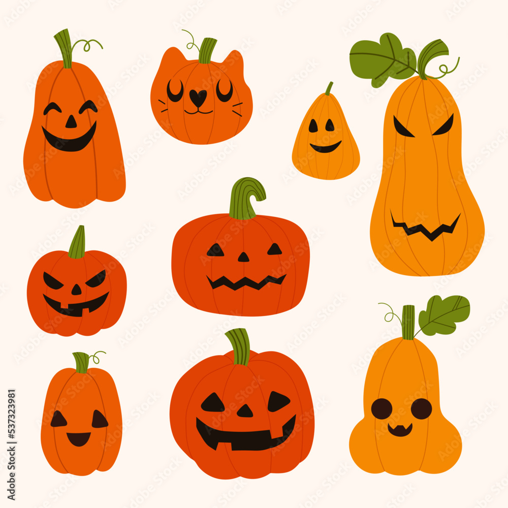 Set of isolated smiling pumpkin in doodle style. Vector cartoon pumpkin lanterns collection for Halloween design Set of isolated smiling pumpkin in doodle style. Vector cartoon pumpkin lanterns collection for Halloween design