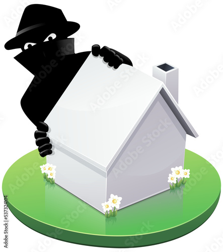Isometric 3D white house with black masked burglar stealing the house (cut out)