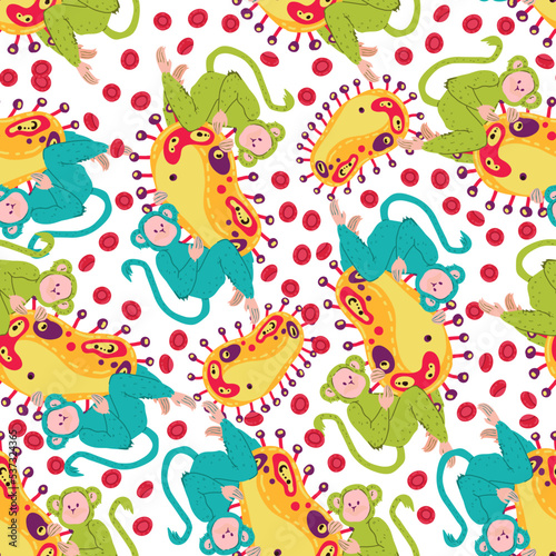 Monkey pox. Vector illustration epidemic virus. Infectious disease. Microbes close up. Pattern. Light background  wallpaper  cartoon style