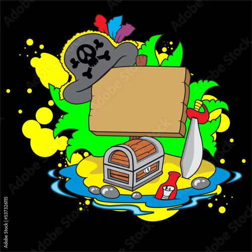 treasure chest vector design on mini island and pirate hat.